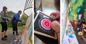 A collage of three photos: in the left one two people in painting tasks, in the center a close-up on a handicrafts work in the hands of a person, on right handcrafts decorations hanging on a window and at the backround people.