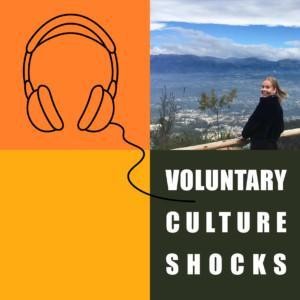 A person stands in front of a mountain view and smiles at the camera, a graphic picture of headset, and the text "Voluntary Culture Shocks".