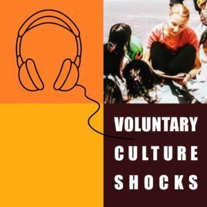 An adult person is squatting and reading something surrounded by children, a graphic picture of a headset, and the text "Voluntary Culture Shocks".
