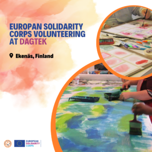 In two photos hands painting, next to the photos the text "European Solidarity Corps volunteering at Dagtek, Ekenäs, Finland"