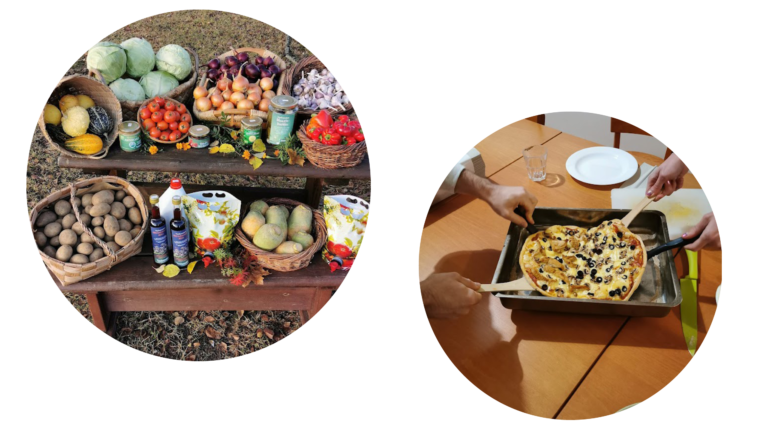 A collage of tho photos: on the left vegetables and root vegetables on bences outside, on the right hands reaching out to a pizza on a baking tray.