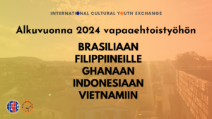 Teksti "Alkuvuonna 2024 vapaaehtoistyöhön Brasiliaan, Filippiineille, Ghanaan, Indonesiaan, Vietnamiin"