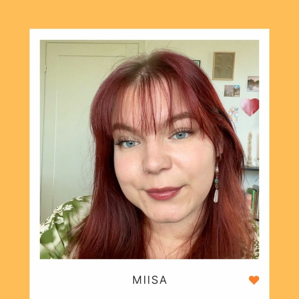 Hymyilevä henkilö kasvokuvassa, alla teksti "Miisa" ja oranssi sydän.