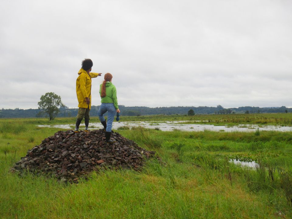 Two people are standing on the left edge of a grassy landscape on a small hill, both looking away from the camera, one pointing to the horizon, there is water in the grass and trees in the background.