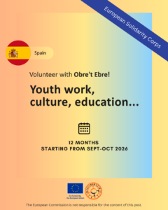 Liukuväritaustan päällä tekstit "Spain", "Volunteer with Obre't'ebre!", "Youth work, culture, education..." ja "12 months starting from Sept-Oct 2026".