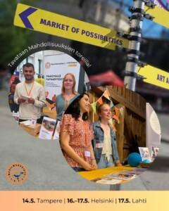 Kaksi kuvaa, joista molemmissa kaksi henkilöä seisomassa esittelypöydän ääressä. Kuvien päällä kuva kyltistä, jossa lukee "Market of Possiblities".