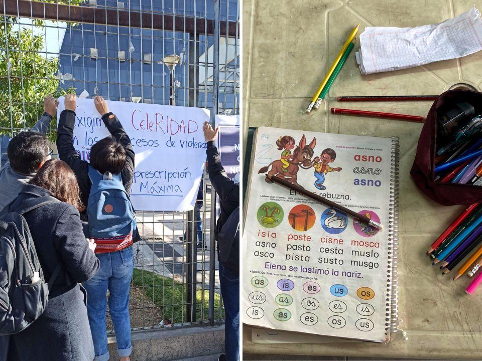 Two photos: on the left, people putting up a poster on a fence outdoors; on the right, an exercise book and pens on a table.