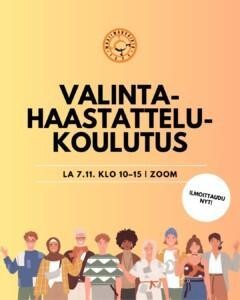 Graafisia henkilöitä seisomassa vierekkäin. Kuvan yllä teksti "Valintahaastattelukoulutus la 7.11. klo 10 - 15, Zoom, ilmoittaudu nyt!" sekä Maailmanvaihdon logo.
